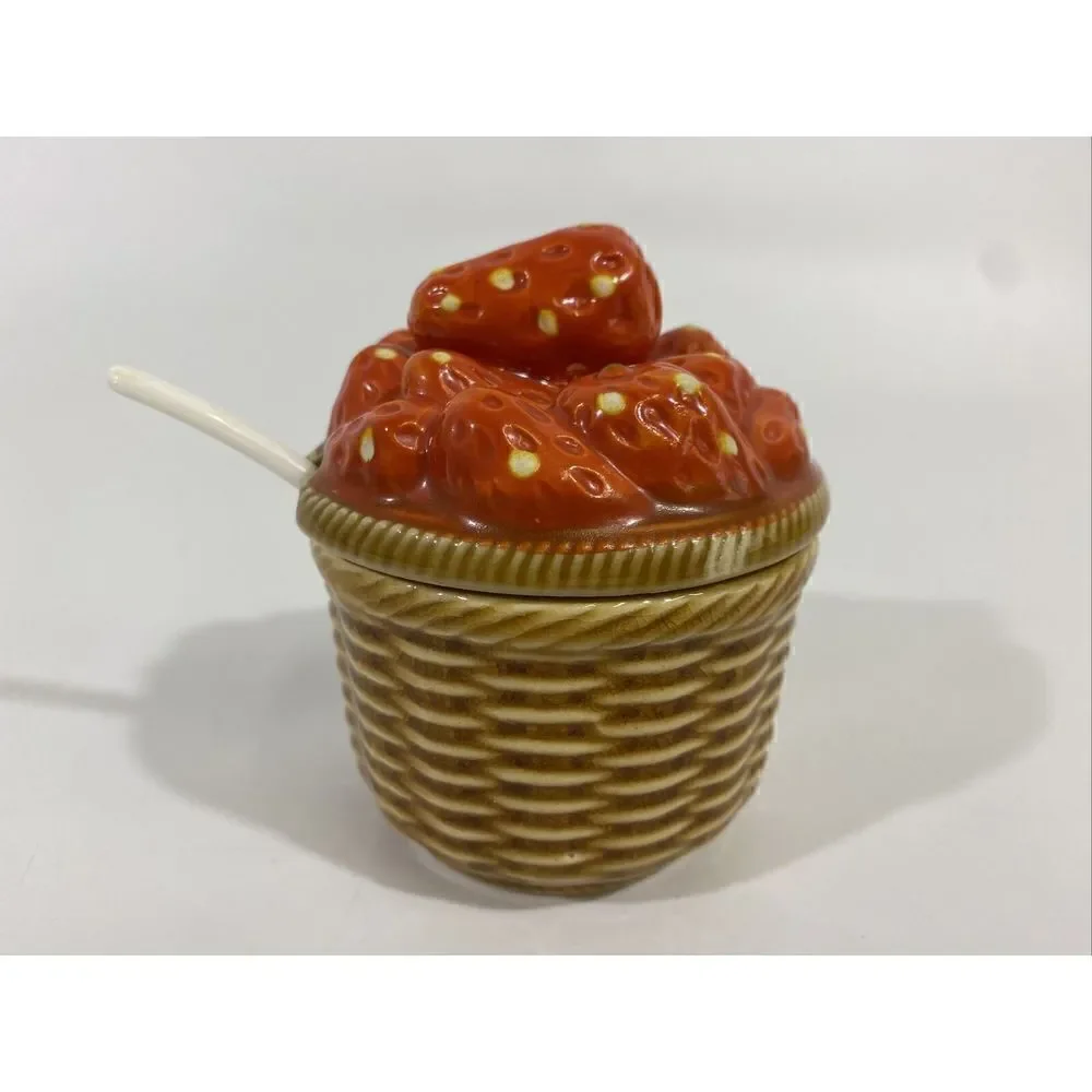 Vintage Ceramic Strawberry Sugar Bowl Jelly Jam Jar w/Lid & Spoon Japan 4.25”